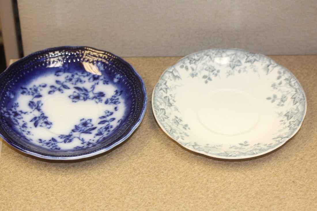 Lot of Two Saucers Plate: one is flow blue - larger= 6" in diameter