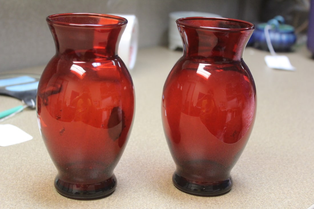 Pair of Red Glass Vases: 6 1/2" tall each