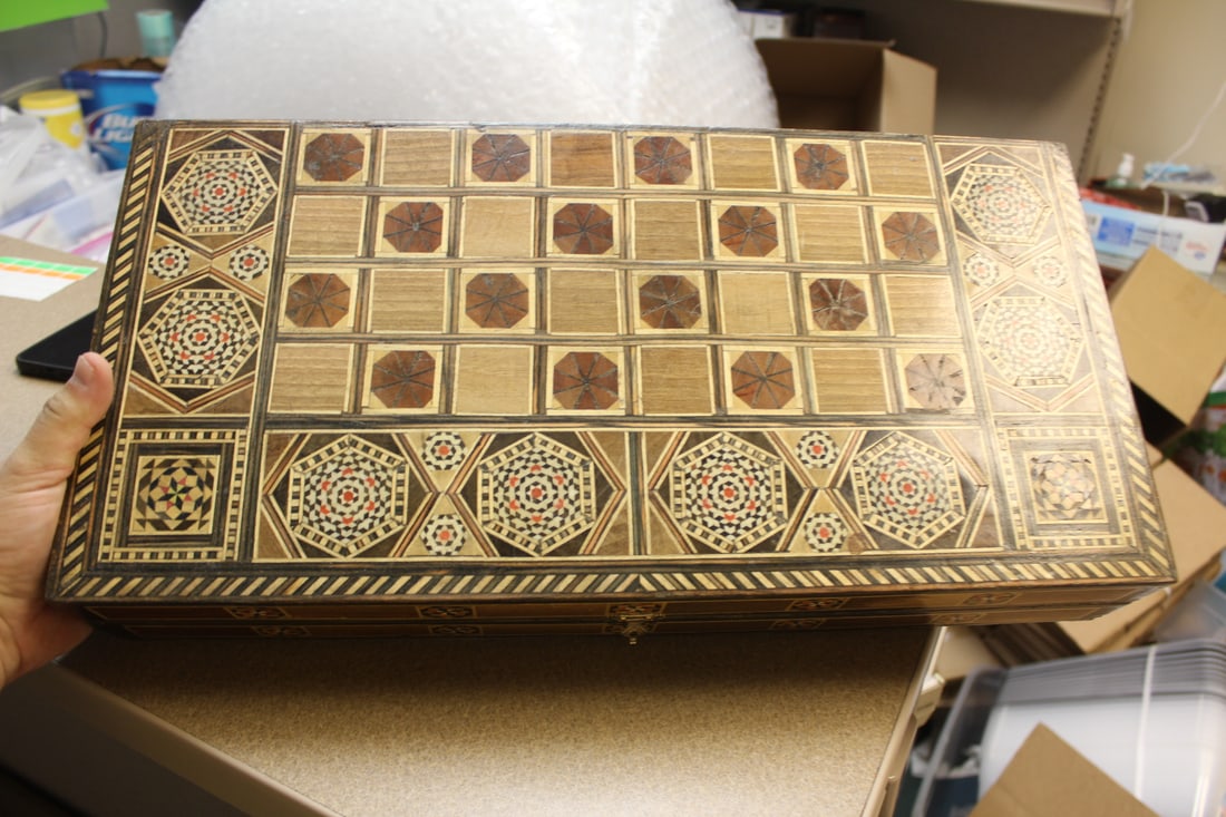 Chess/Checkers/Backgammon Board with Pieces: chess pieces = plastic - checkers=wood - folded - 19" square when unfold
