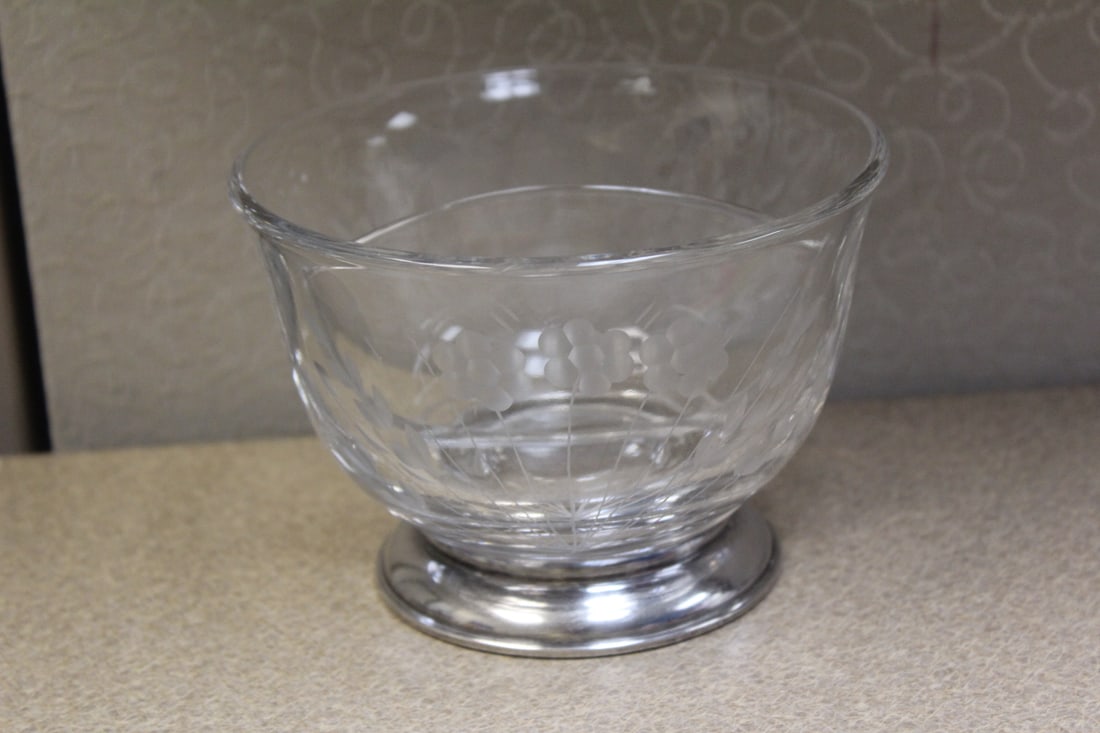 Sterling Rim Divided Bowl: etched glass - 5 inches in diameter