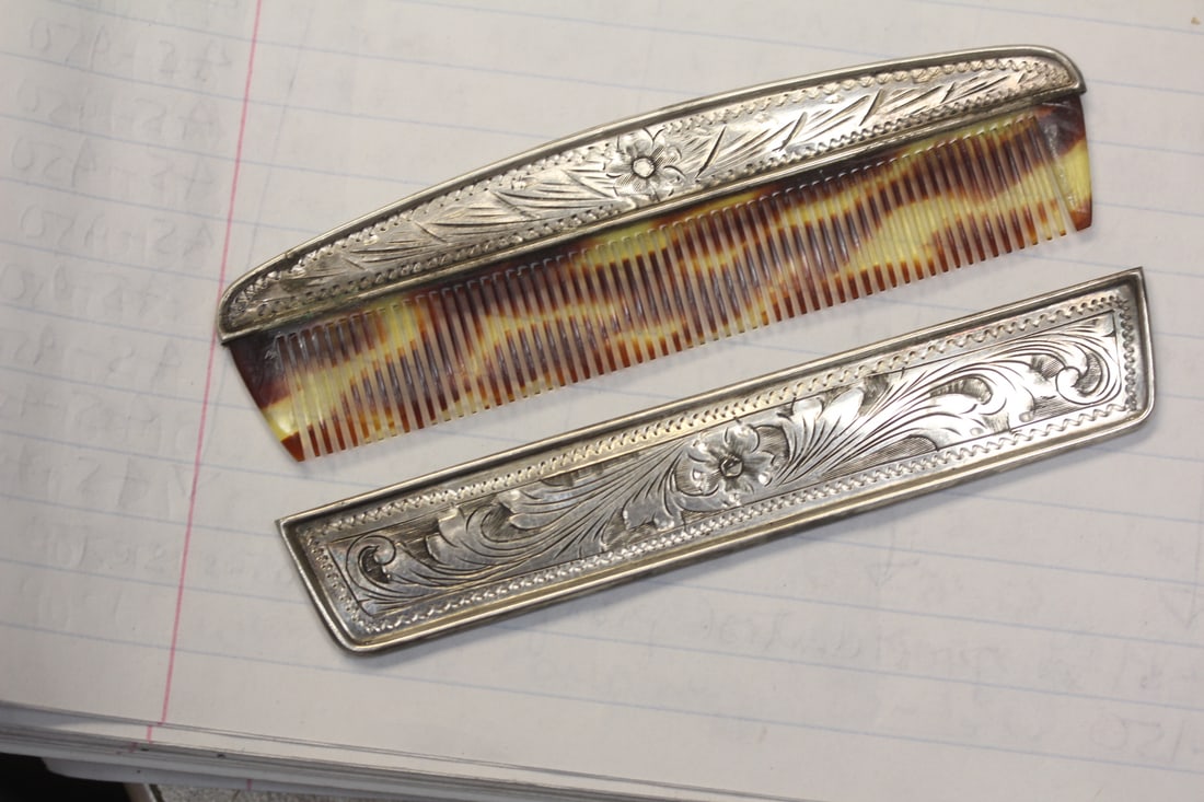 Victorian Lucite Comb with Cap: faux turtle shell and sterling - 4 1/4" long