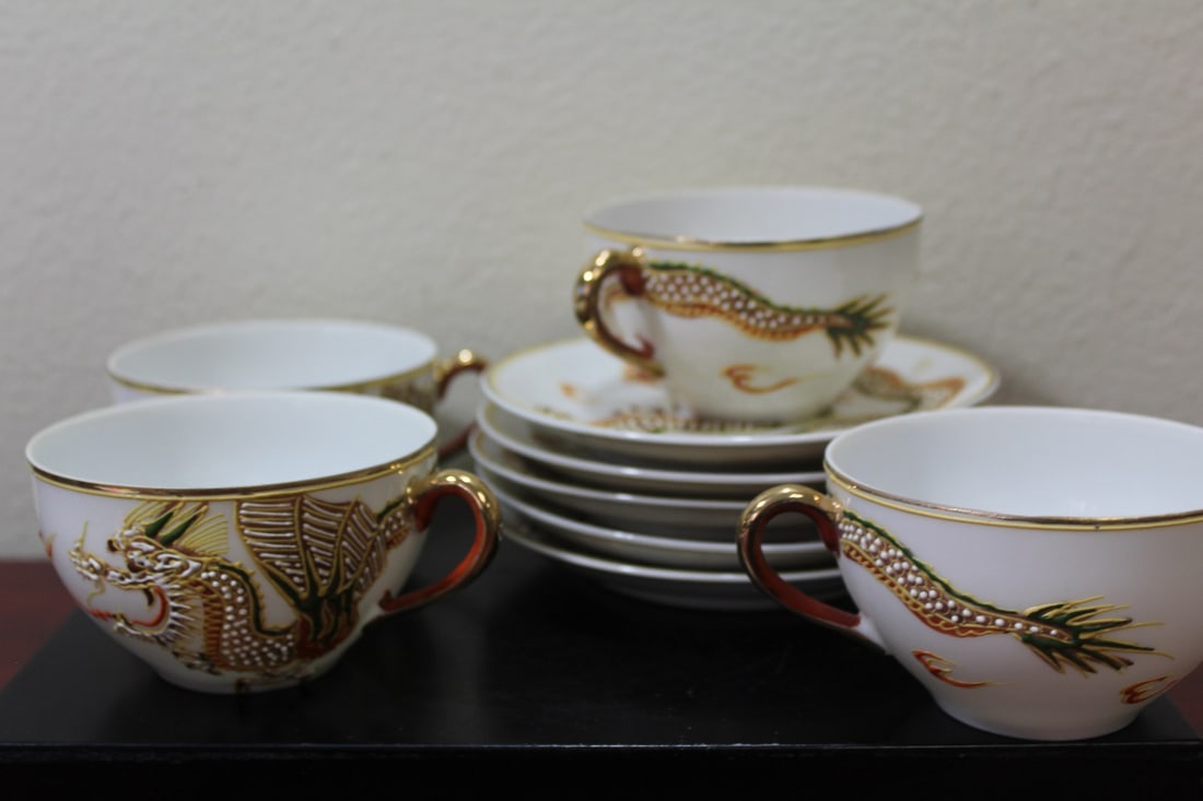 Set of Japanese Dragon Cups and Saucers: lithopane cups - please note: this lot includes 5 saucers and 4 cups - saucer= 5 5/8" in diameter