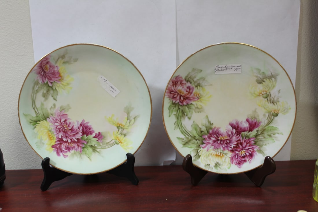 A Pair of Handpainted Floral Plate: 9 1/2" in diameter each