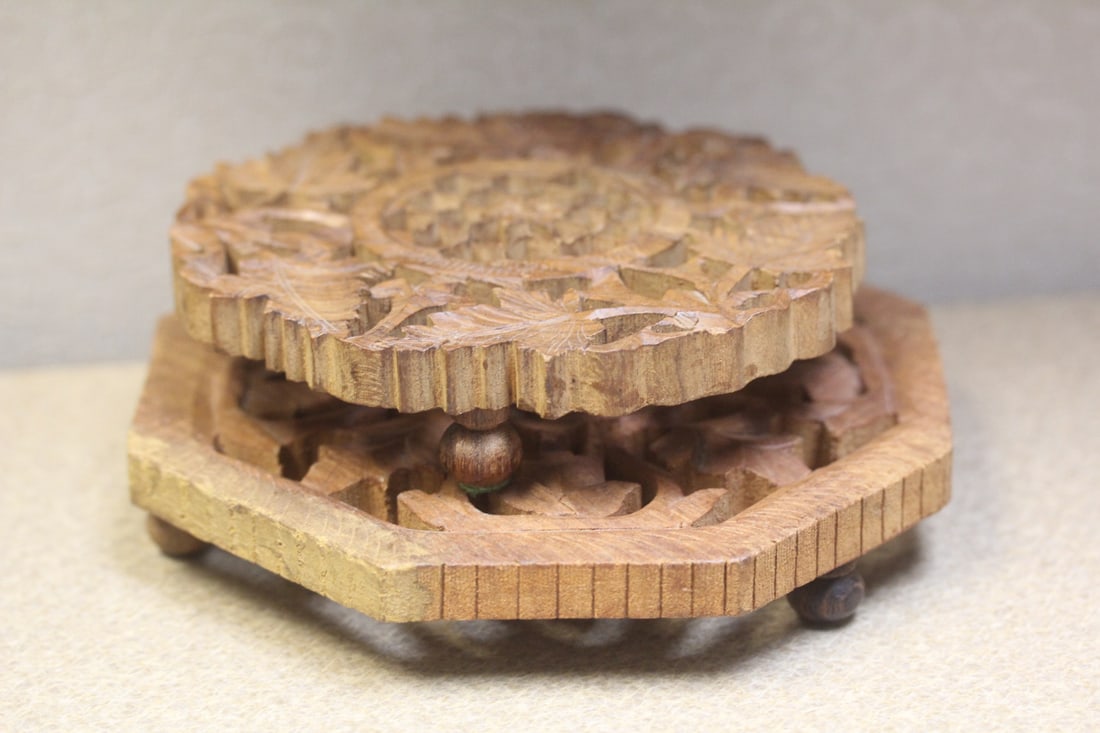 Lot of 2 Wooden Trivet: larger one= 6 1/2" in diameter - both footed