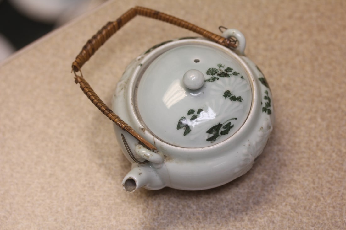 Antique Celadon Small Teapot: Chinese/Japanese - please note: hairline - 4 1/4" across