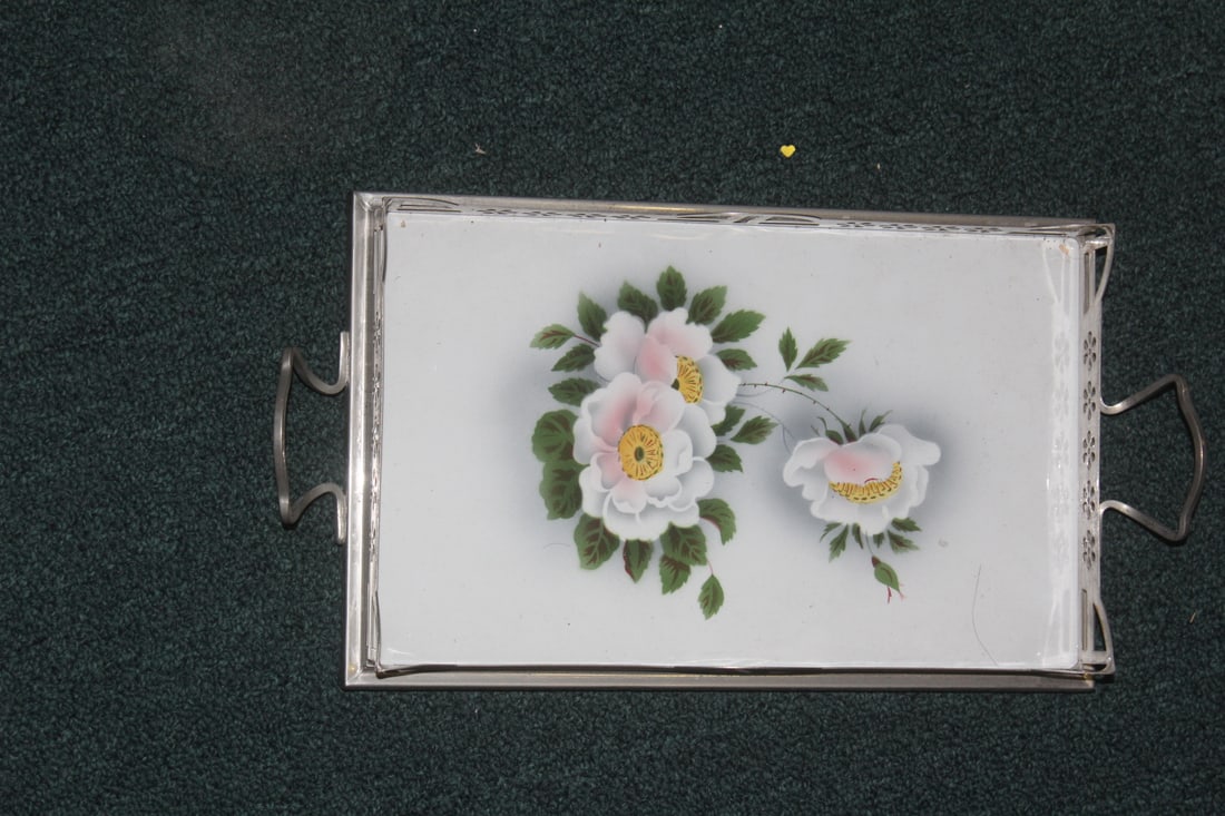 Porcelain and Metal Tray of Flowers: handle to handle= 15 5/8" long