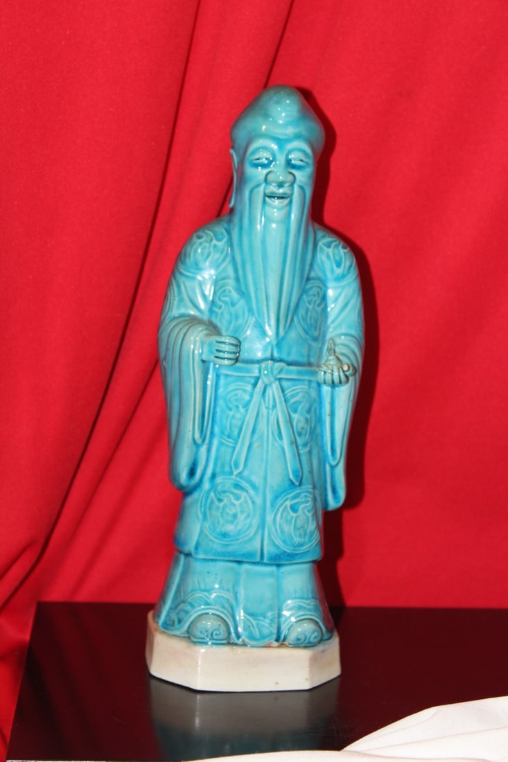 A Turquoise Glazed Chinese Man Figure: antique/vintage - early 20th century - 10 5/8" tall