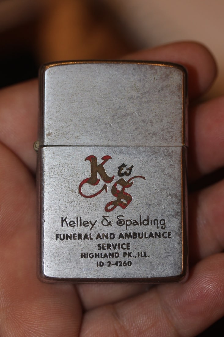1950's Kelley and Spalding Zippo Lighter: Kelley and Spalding Funaeral Home zippo lighter - as shown on photographs