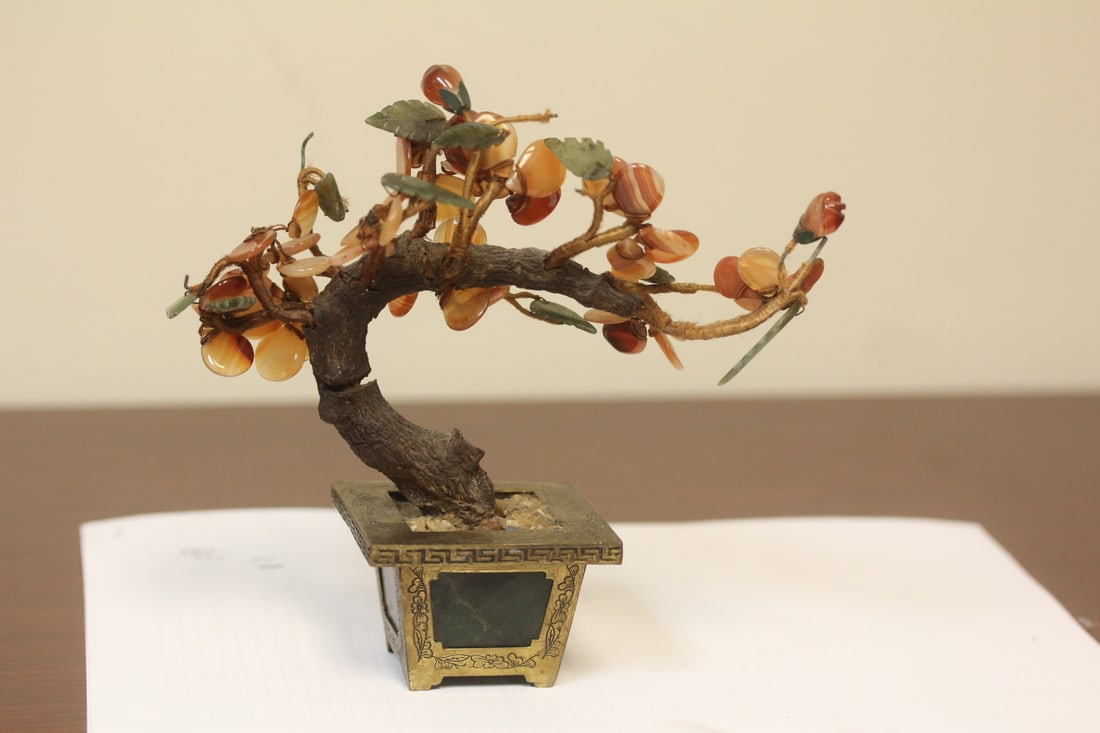 A Jade/Agate/ Brass Tree: 6 1/4" across
