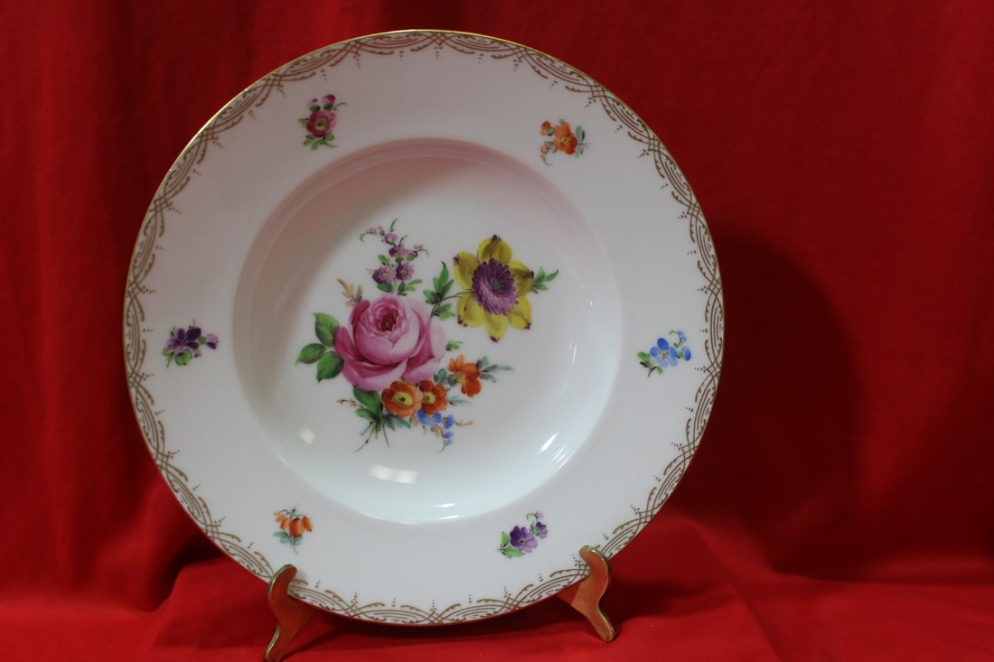 A Dresden Rose Soup Bowl: 9 7/8" in diameter