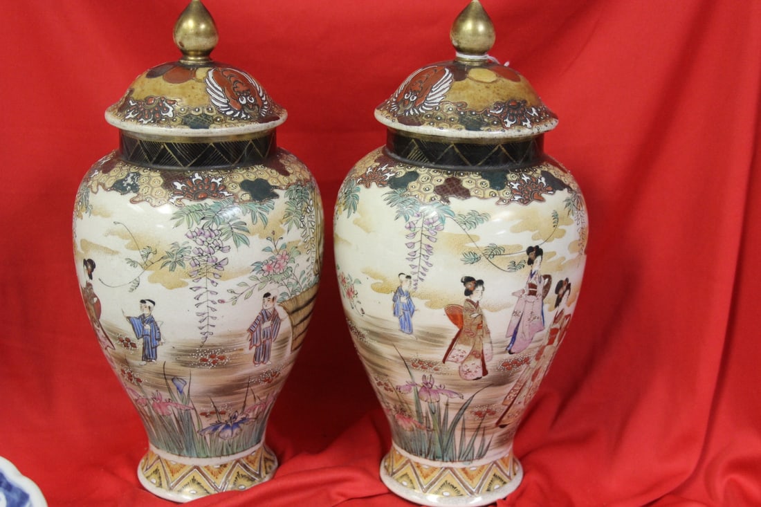 Pair of Antique Japanese Jar: Early 20th century - most likely Satsuma - 12 1/4" tall each