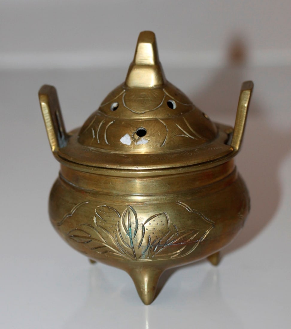 Antique Chinese Bronze/Brass Incense Burner: with Lid - marked on base. Circa 20th century. 4 1/4" including lid.