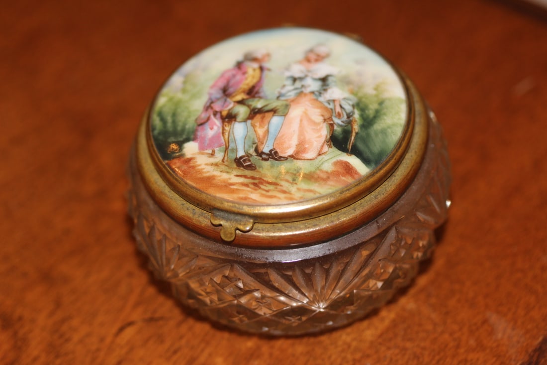Cut Glass Trinket Box: handpainted - most likely 1940's - 2 1/2" in diameter