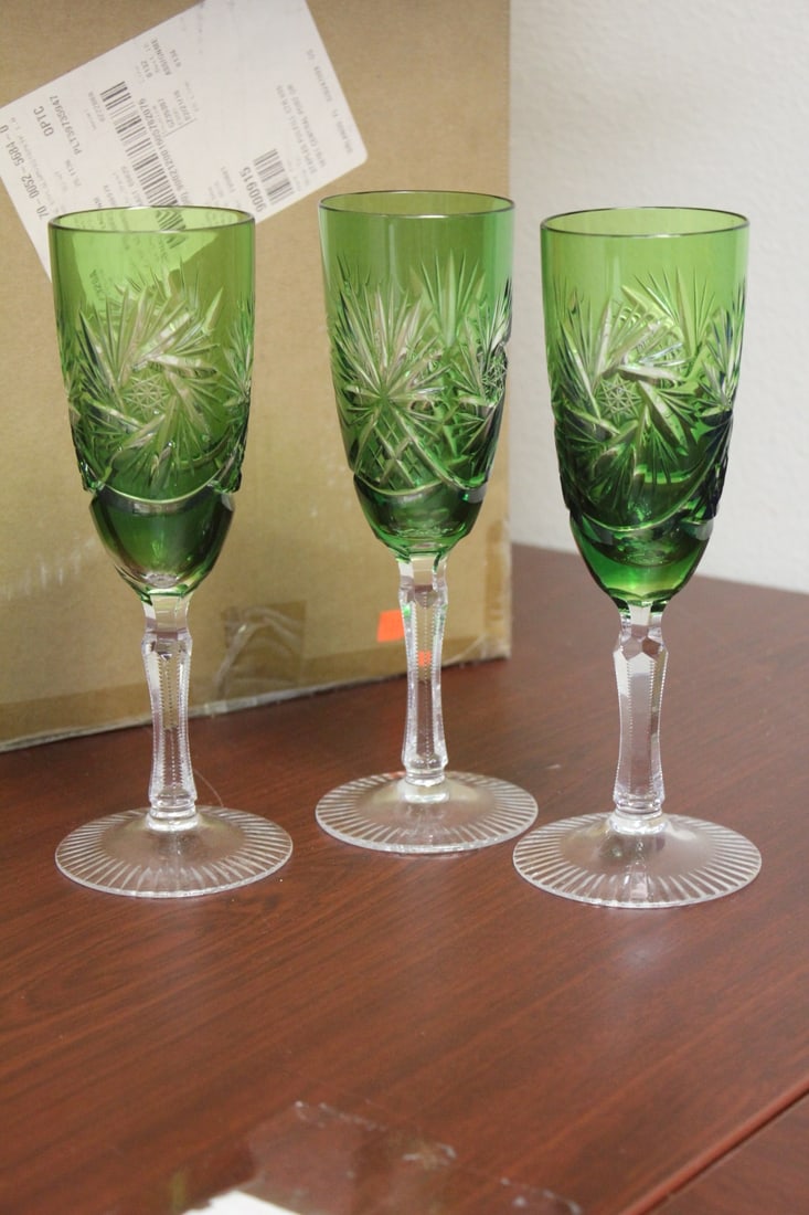 Set of 3 Green Cut Glass Goblets: 8" tall