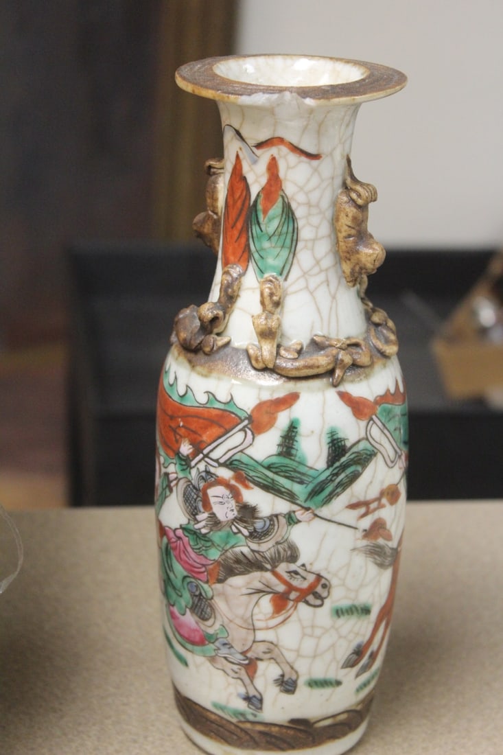 Antique Chinese Dragon Porcelain Vase: 19th century - battle scene - please note: rim chip and drilled as a lamp - selling it as is - 10" tall
