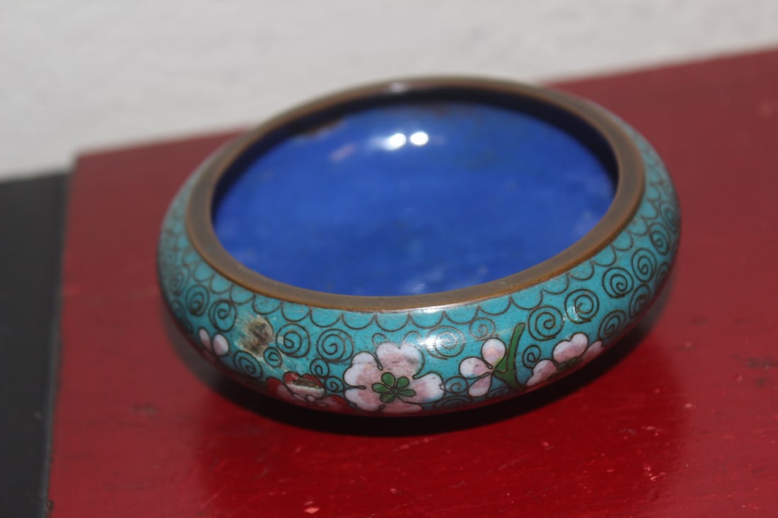 Chinese Antique Cloisonne Bowl: small= 3 3/4" in diameter - early 20th century - marked "China" - please note: some bruises as shown