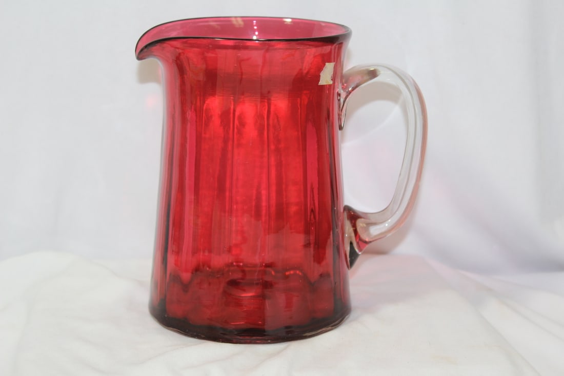 A Cranberry Red Glass Pitcher: handblown - 7" tall - possibly Fenton