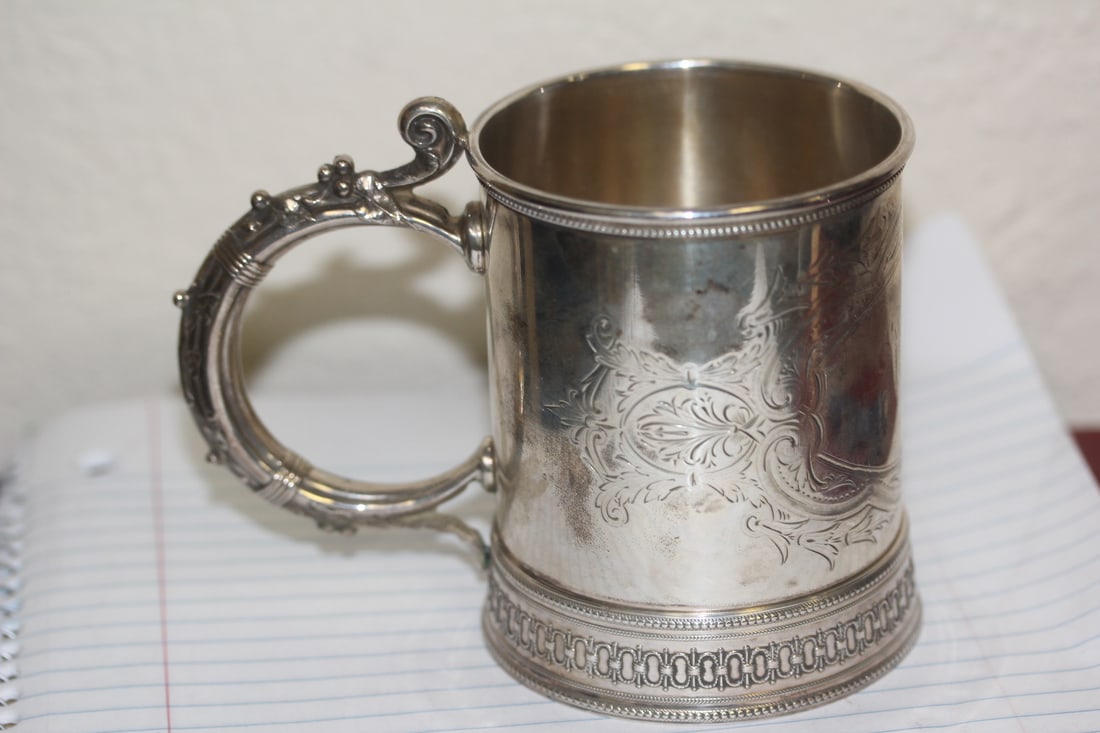 Ornate Sterling Cup: 3 1/2" tall - please note: monogrammed