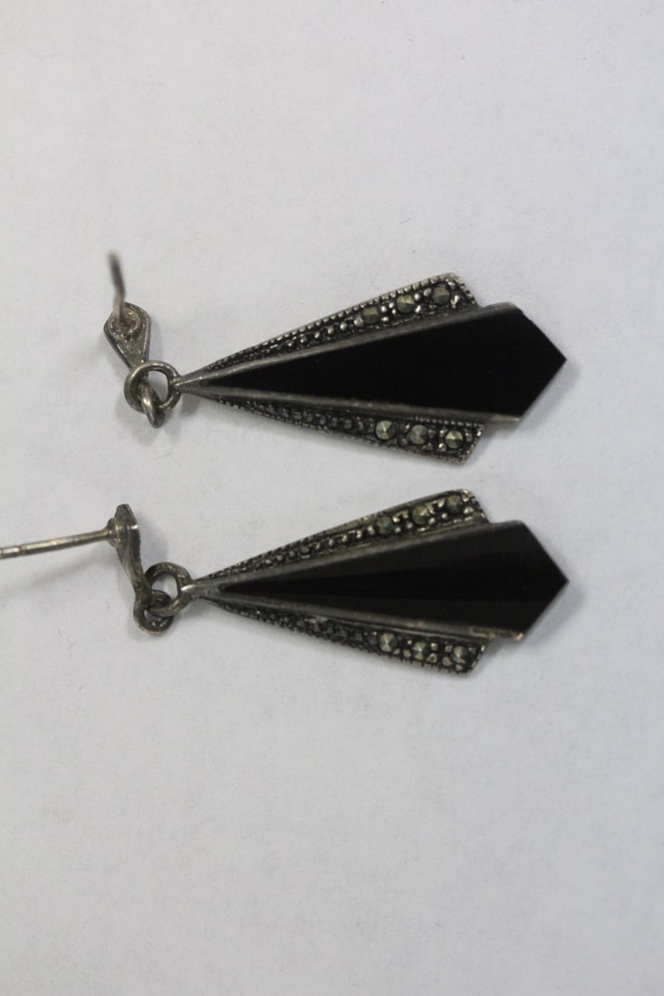 Pair of Sterling and Onyx Art Deco Style Earrings: please note: no backs