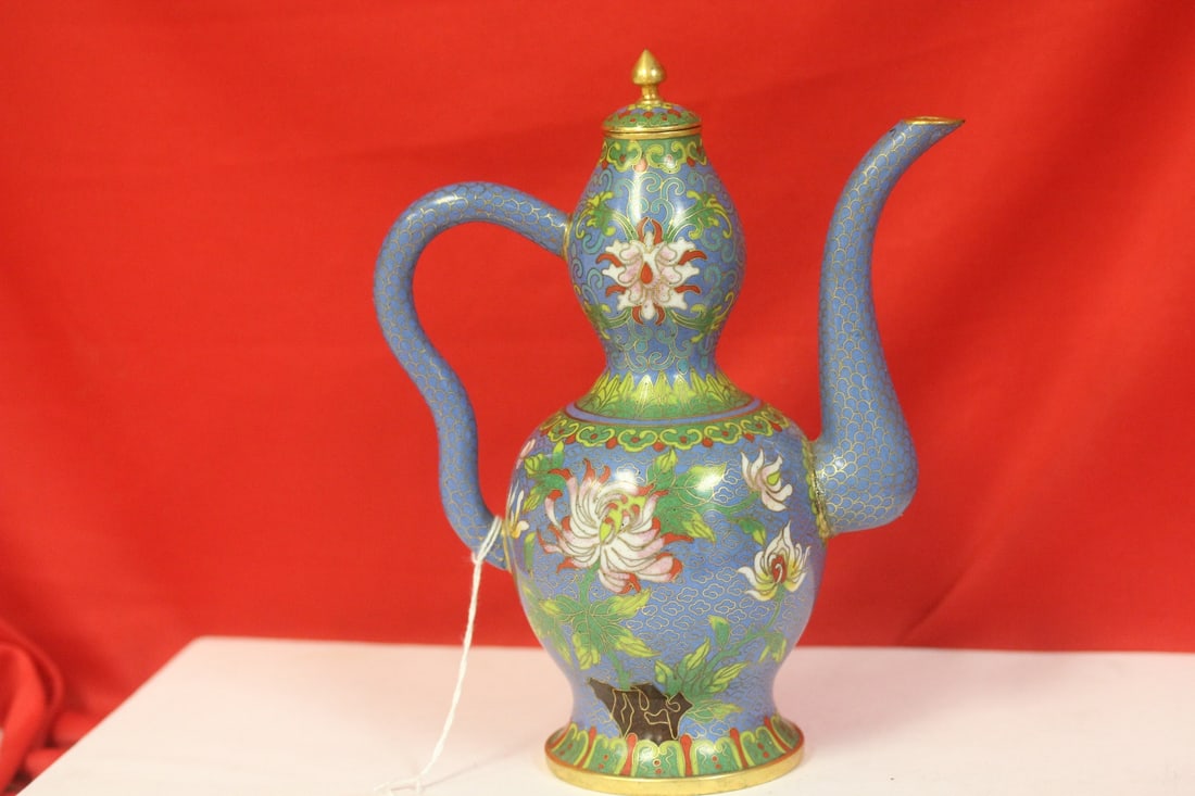 A Chinese Cloisonne Teapot: Possibly on bronze - has some weight to it - 7 3/4" tall