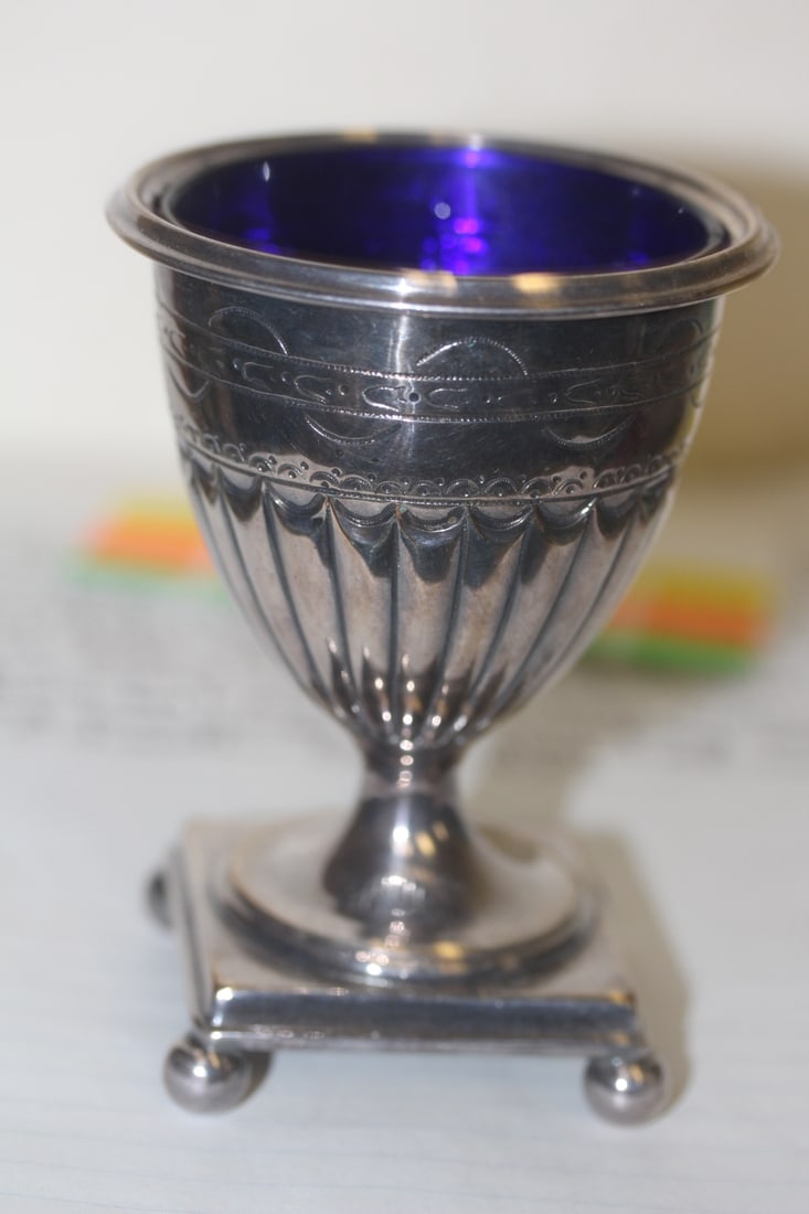 Silverplate and Cobalt Blue Glass Insert Cup: made in England - 4" tall