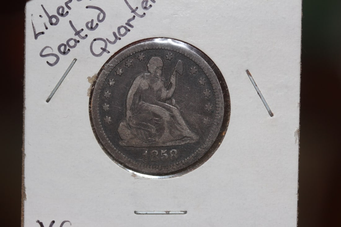 1858 Seated Silver Quarter: as shown on photos