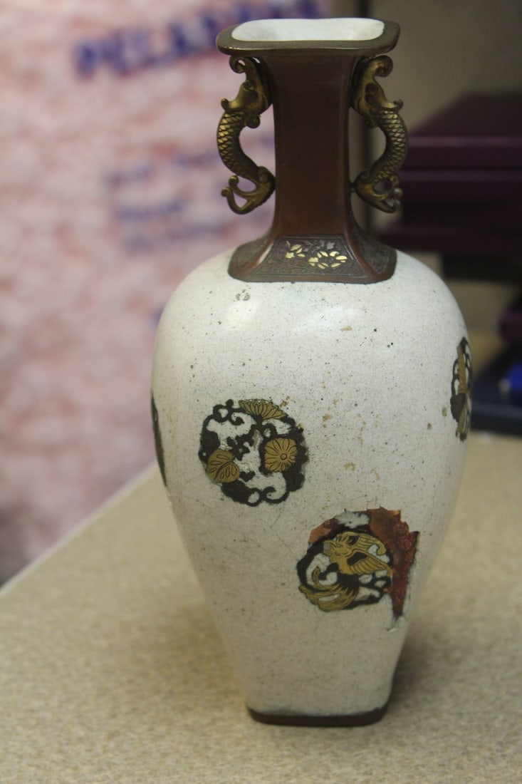 Possible Imperial Antique Japanese Vase: mixed metal on bronze/copper - with dragon handle - 19th century - please note: bruises/dents as shown, so sold as found - 7 3/8" tall
