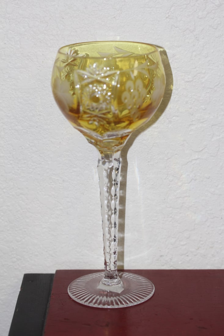 Yellow Color Cut Glass Goblet: 8 1/2" tall
