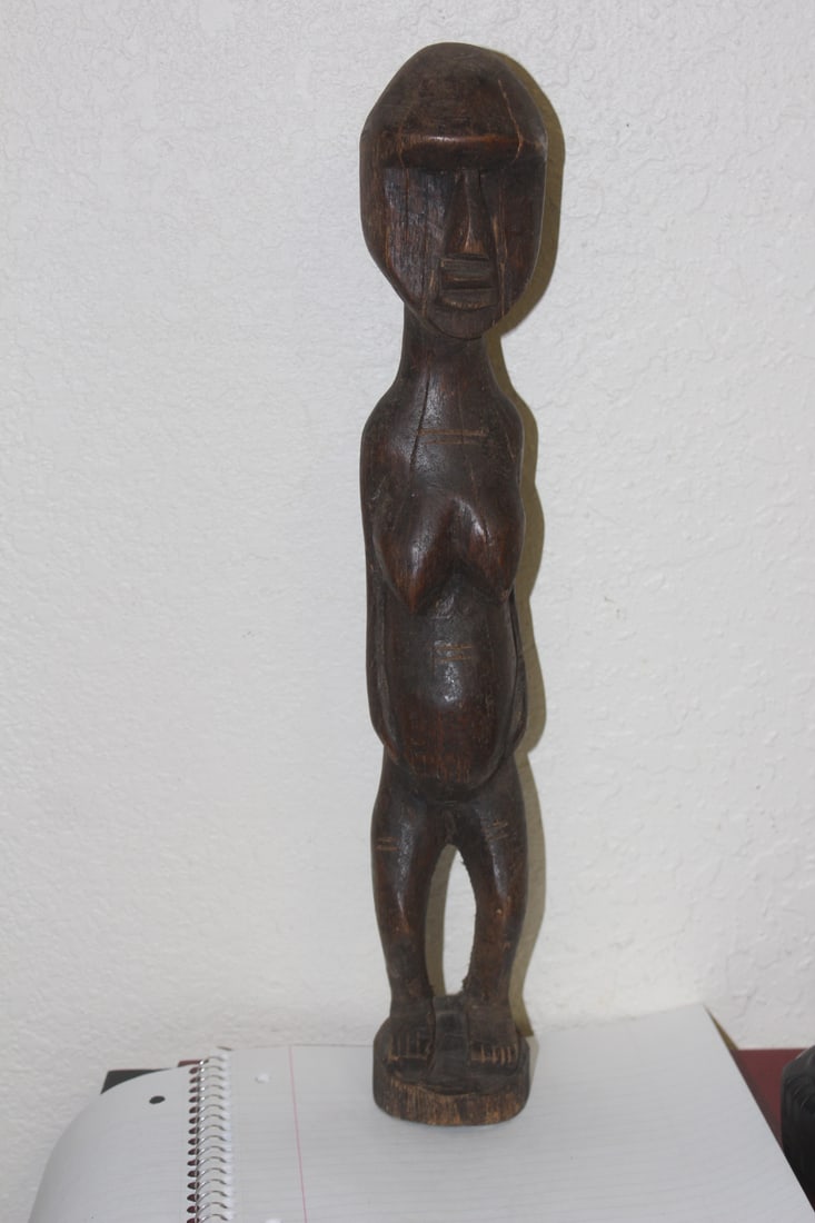 Carved Wood of a Pregnant Woman Figure: antique /vintage - please note: extensive wood split due to age/climate - 15 1/24" tall