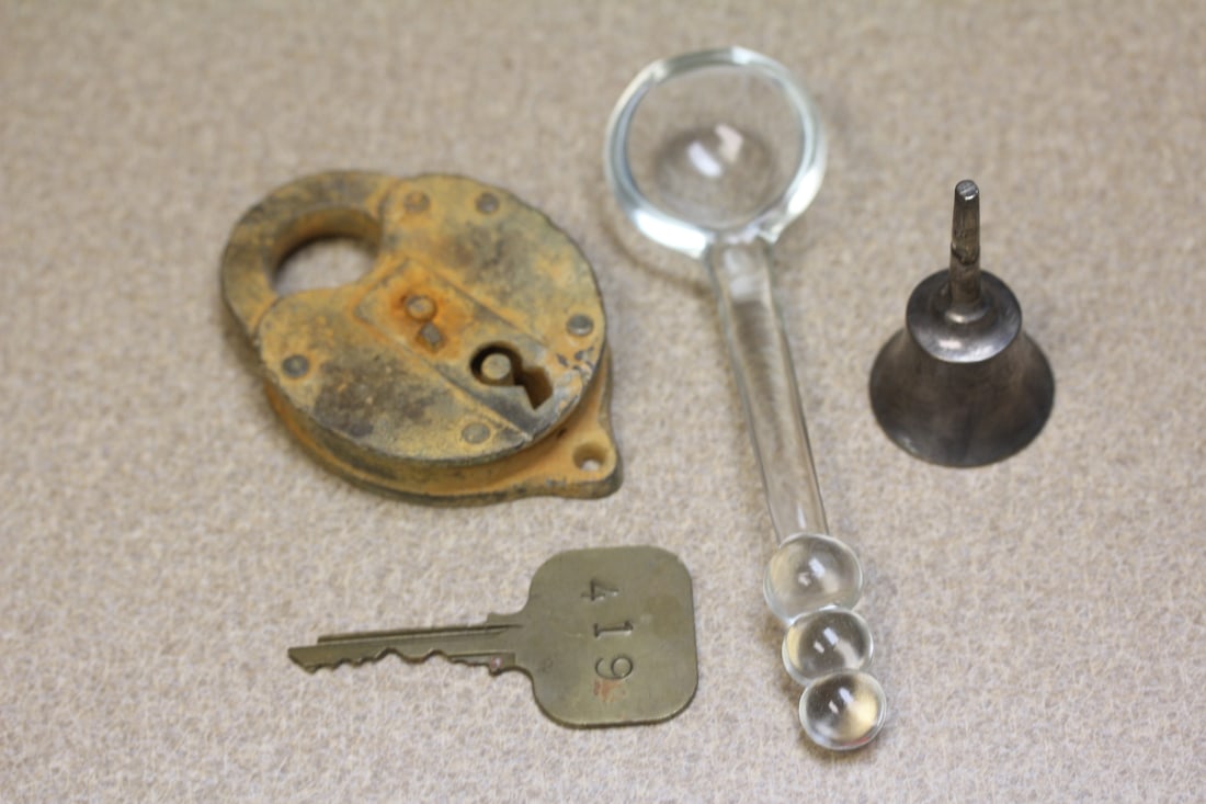 Lot of 4 Vintage Articles: to include old lock, old key, spoon and bell