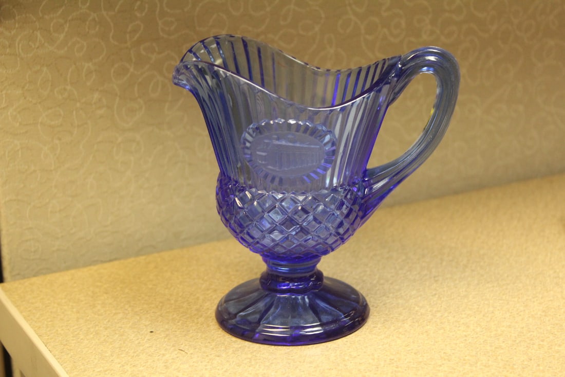 Cobalt Blue Glass Creamer: George Washington mount Vernon - 5 1/2" tall