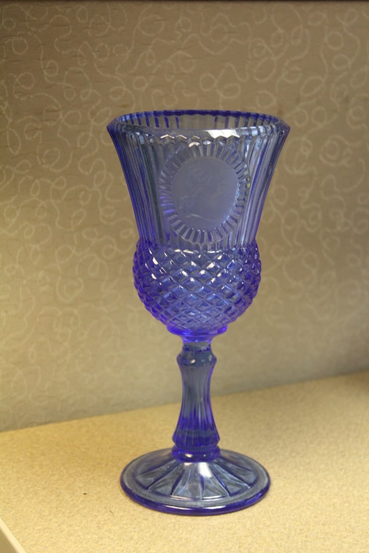 Cobalt Blue Goerge Washington Glass Goblet: 8 1/8" tall