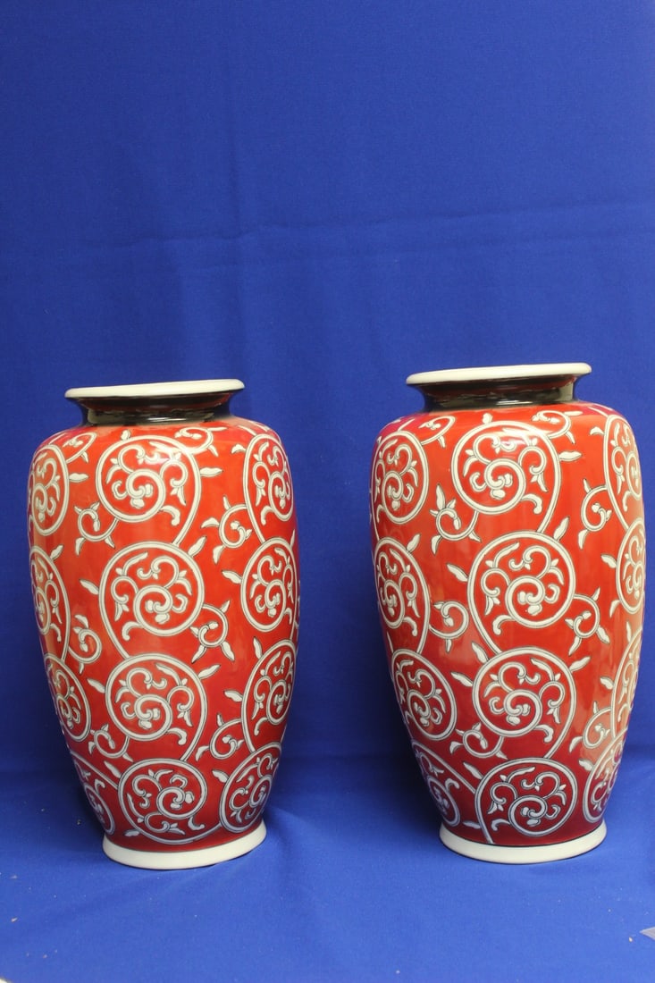 A Pair of Large Chinese Contemporary Vases: very decorative - 14 inches tall