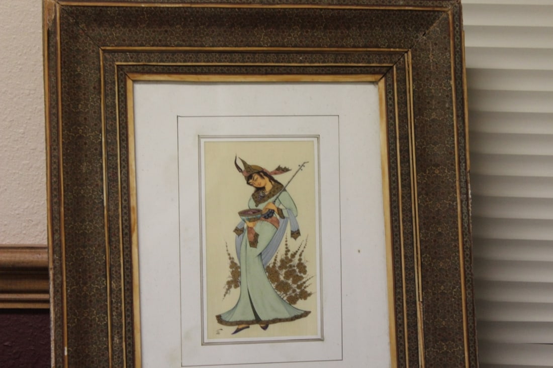 Antique Pastel on Bone?/Lucite Persian? Painting: Possibly India - very well made - inlaid frame - overall= 17 3/4" x 15 1/8" - sight= 7" x 4"