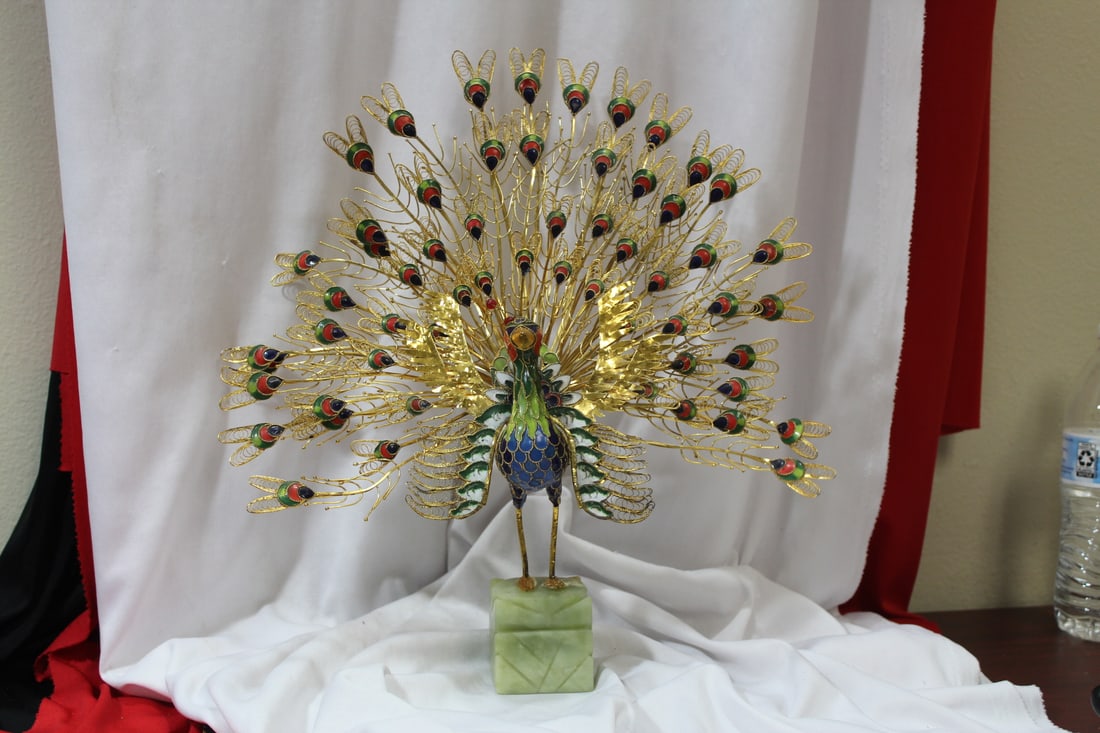 A Cloisonne Peacock: on Jade or hardstone base - beautifully done - 13" tall