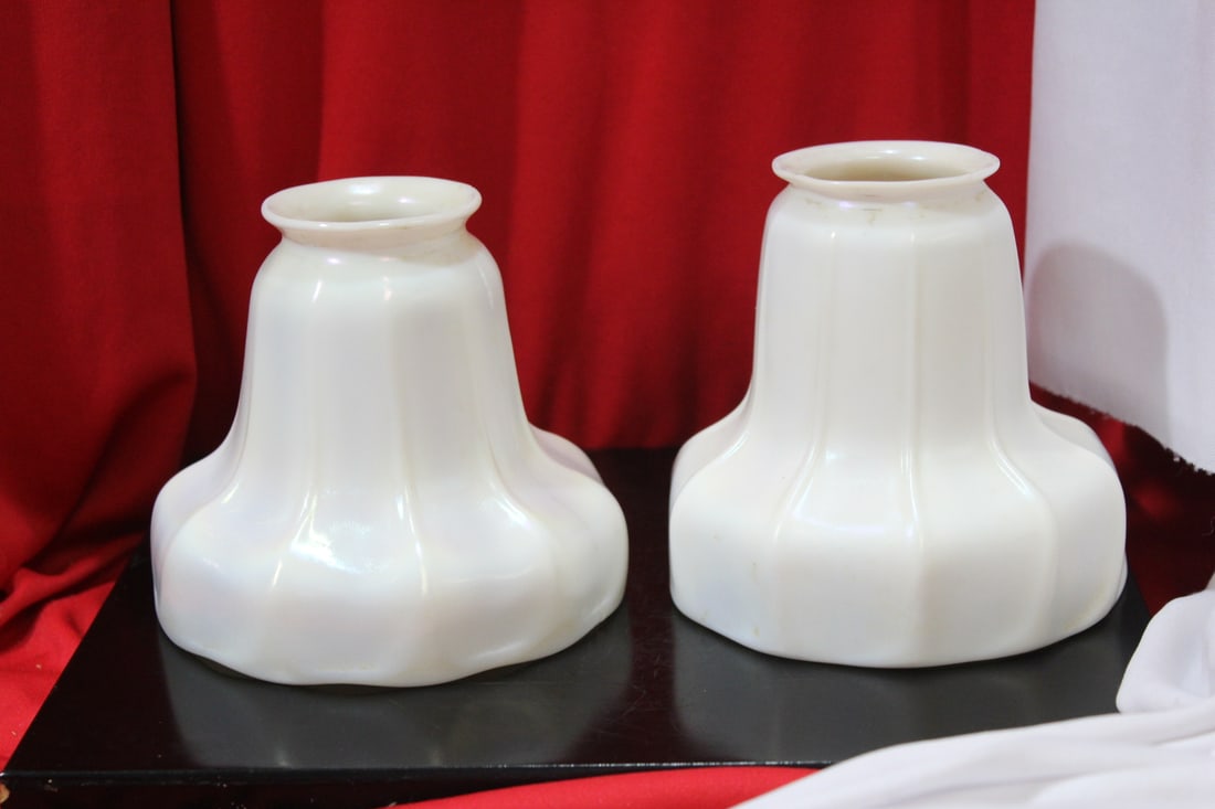 Lot of 2 Calcite Lamp Shades: please note: one broken and glued back as shown (the smaller one) - larger one= 4 1/2" tall