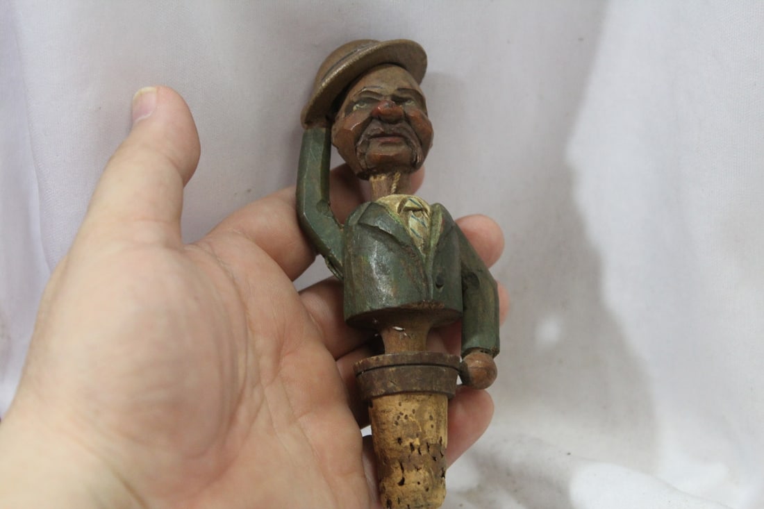 A Vintage German Wooden Figueral Cork Stopper: head is articulated - 5" tall
