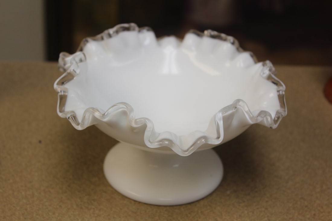 Milk Glass Foliated Compote: 6 7/8" in diameter