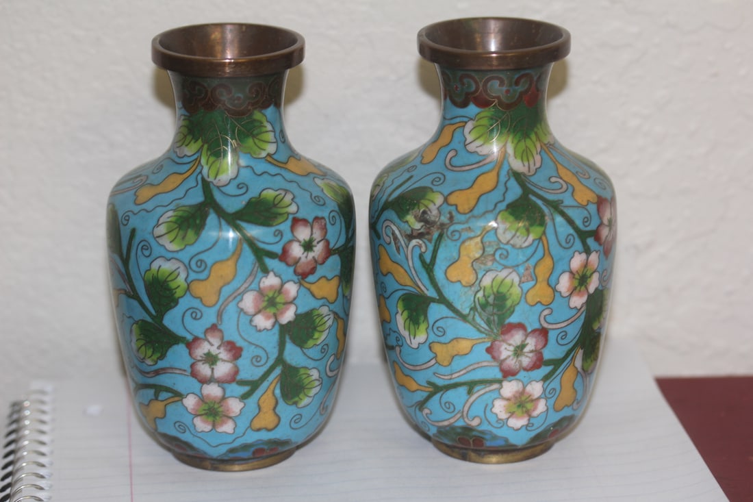 Pair of Antique Chinese Cloisonne Vases: please note: both have some dents and bruises as shown - still a pretty vase - each measures 5 1/8" tall