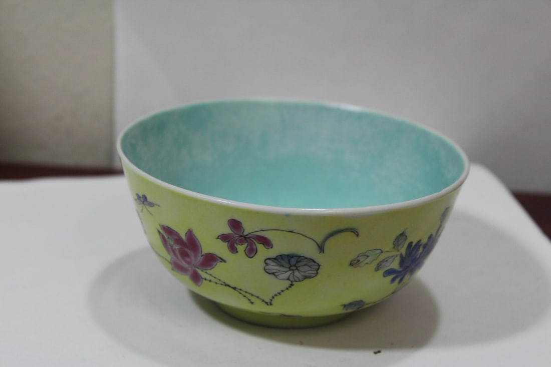 An Antique Chinese Turquoise Bowl: or yellow bowl - marked China - 4 1/2" in diameter