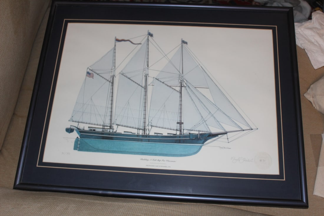 Framed, Signed Ship Print: and seal by Bob Stewart - limited edition: 31/35 - overall= 24 1/4" x 13 1/2"