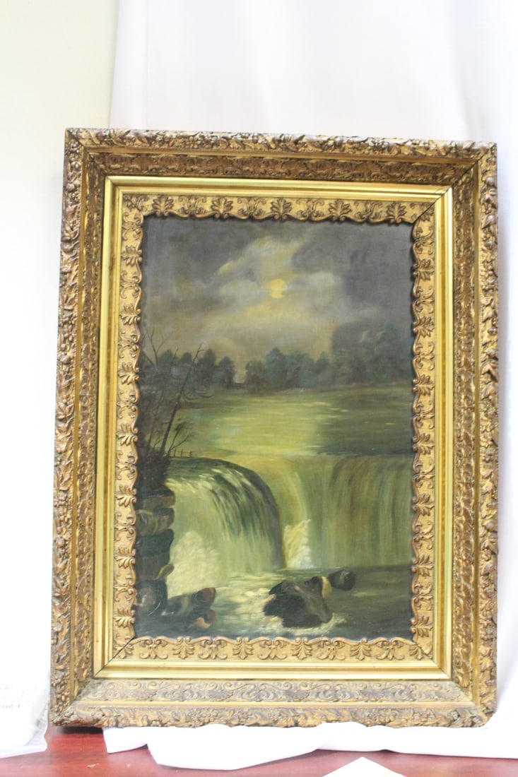 An Antique Nocturnal Oil on Board: 19th century painting - nicely framed - no visible signature - overall= 23 3/4" x 17 1/2"