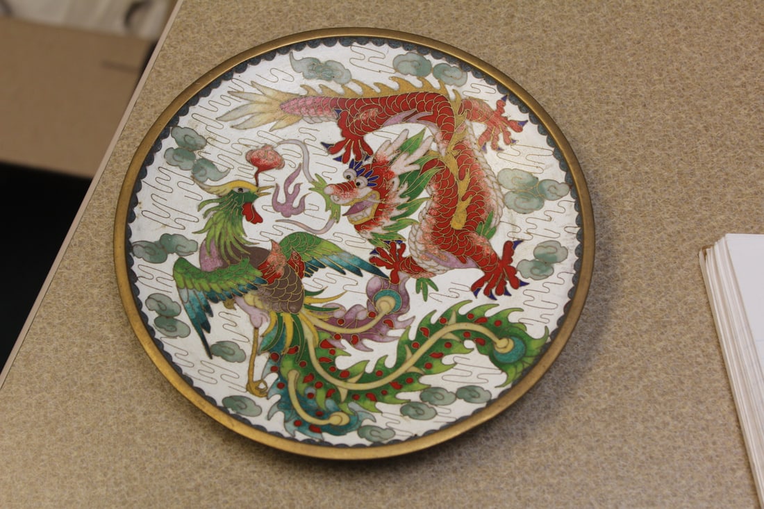 Vintage Chinese Cloisonne Plate: dragon and phoenix motief - signed - please note:losses underside as shown - not noticeable when plate is right side up - 7 1/4" in diameter