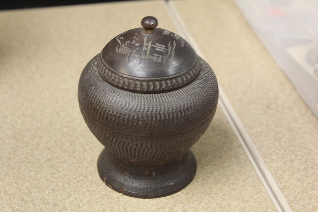 Chinese Wooden Jar: well carved - 4 1/4" tall