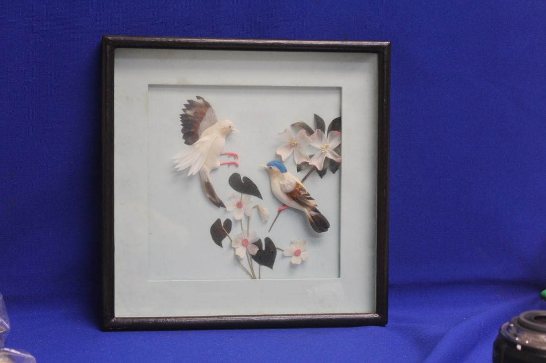 Bird Art Inside a Shadow Box: most likely Chinese - 10 1/4" square