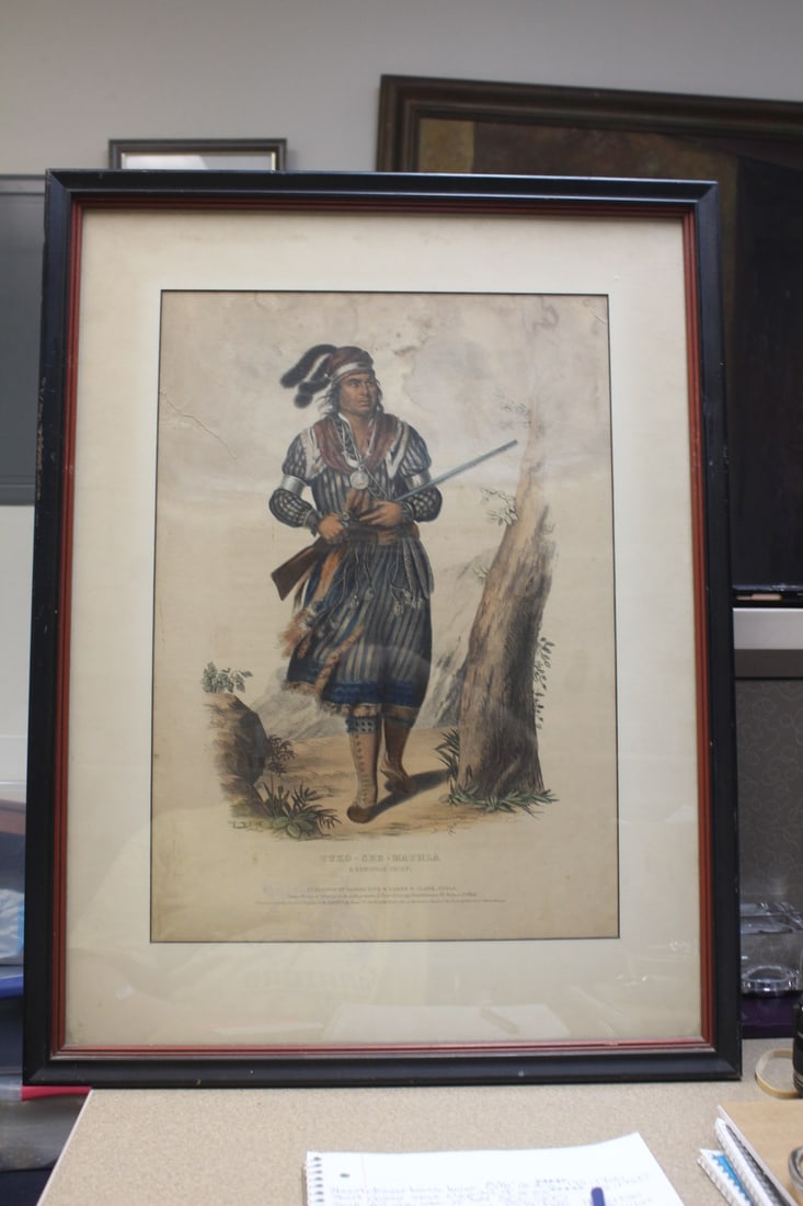Tuko-See-Mathla, a Seminole Chief Lithograph: by McKenney and Hall - please note: stain and tear as shown, but still a nice looking lithograph - framed - 25 1/2" x 19 5/8