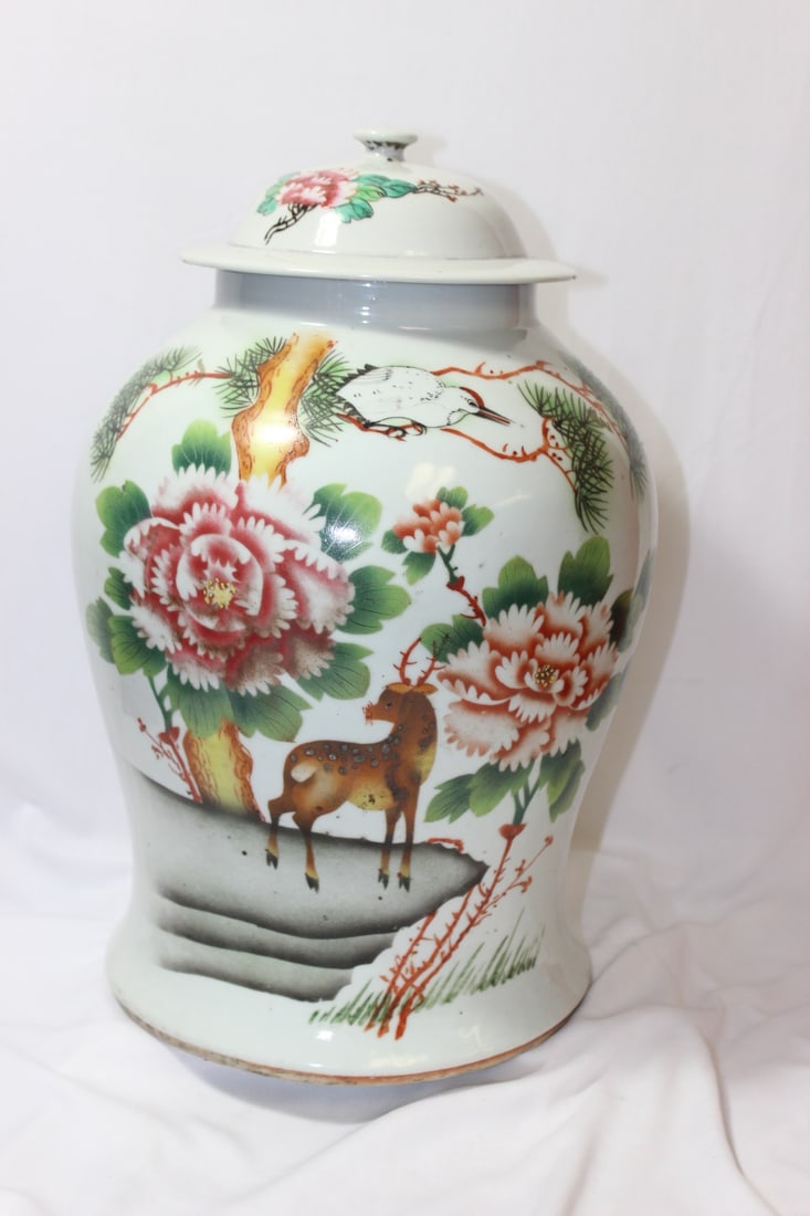 Antique Chinese Ginger Jar: please note: chips on te rim as shown - old - most likely early 20th century - 15 1/2" tall
