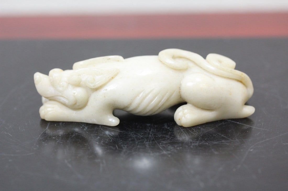 A Carved Chinese Jade Dog: Jade or similar hardstone - real nice carving - 3 5/8" across