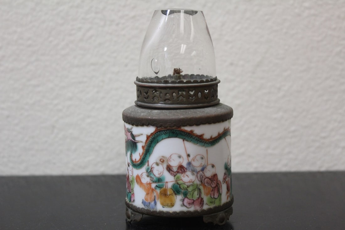 A Chinese Opium Lamp: peking glass and porcelain - 4 1/2" tall