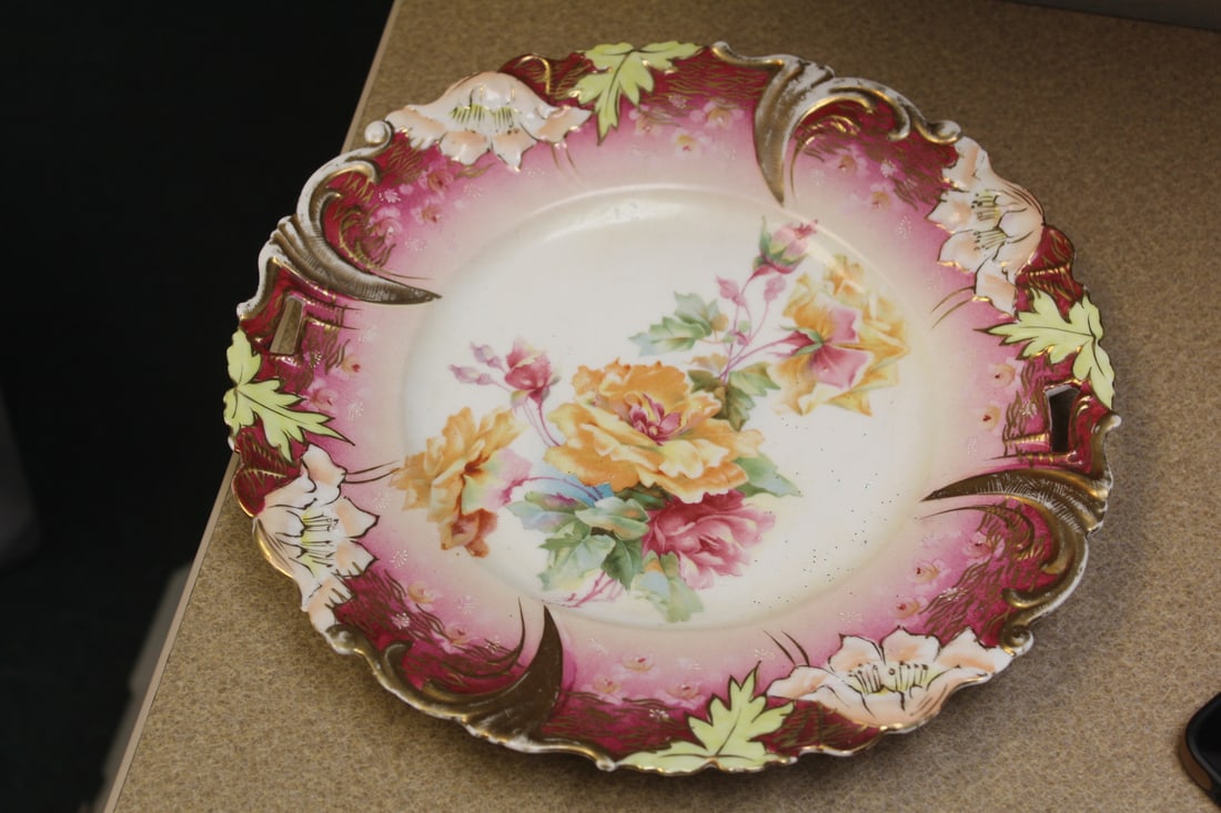 Two Handle Floral Plate: or tray - 10 1/2" in diameter